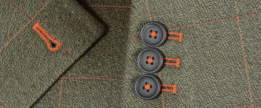 Green Check Covert Coat with Orange Buttonhole Thread