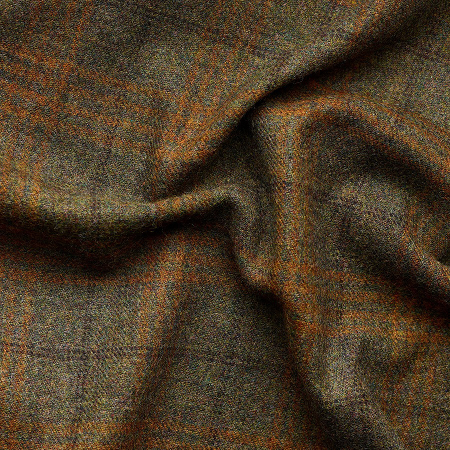 MOSS GREEN TWEED WITH BROWN AND AMBER WINDOWPANE DECO